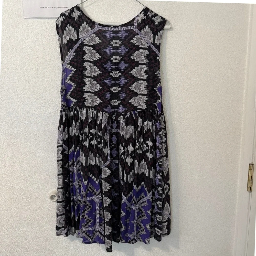 Free People Sleeveless Mini Dress‎ S Purple Geometric Aztec Print V-Neck Boho